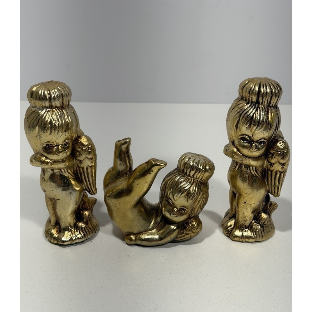 Dickson Flower Child Angels 70s Kitschy Figurines Gold Cherub Japan 3pc Set